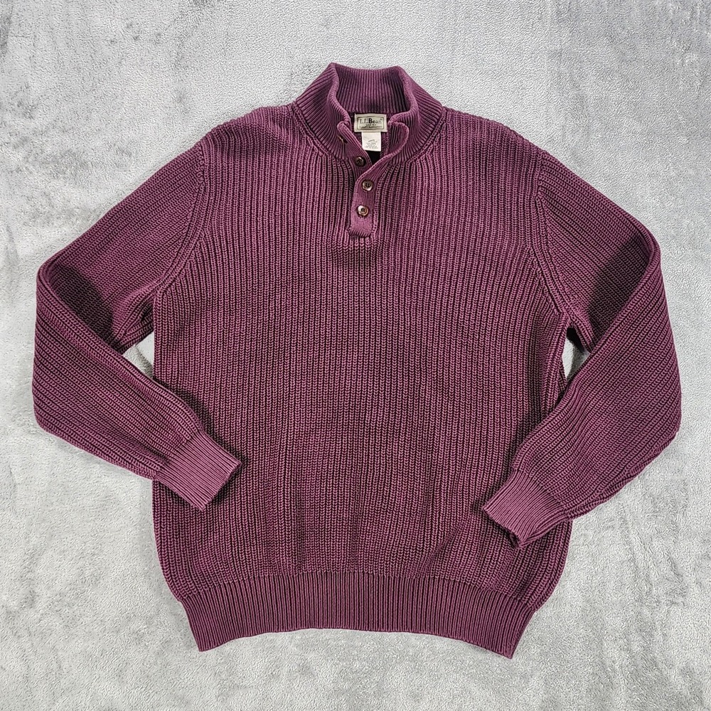 L.L.Bean‎ Sweater Mens XL Purple Cotton Mock Neck Henley Ribbed Knit Pullover